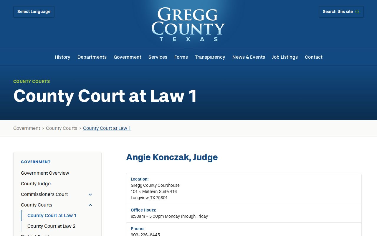 Gregg County Court at Law 1 page with calendar links