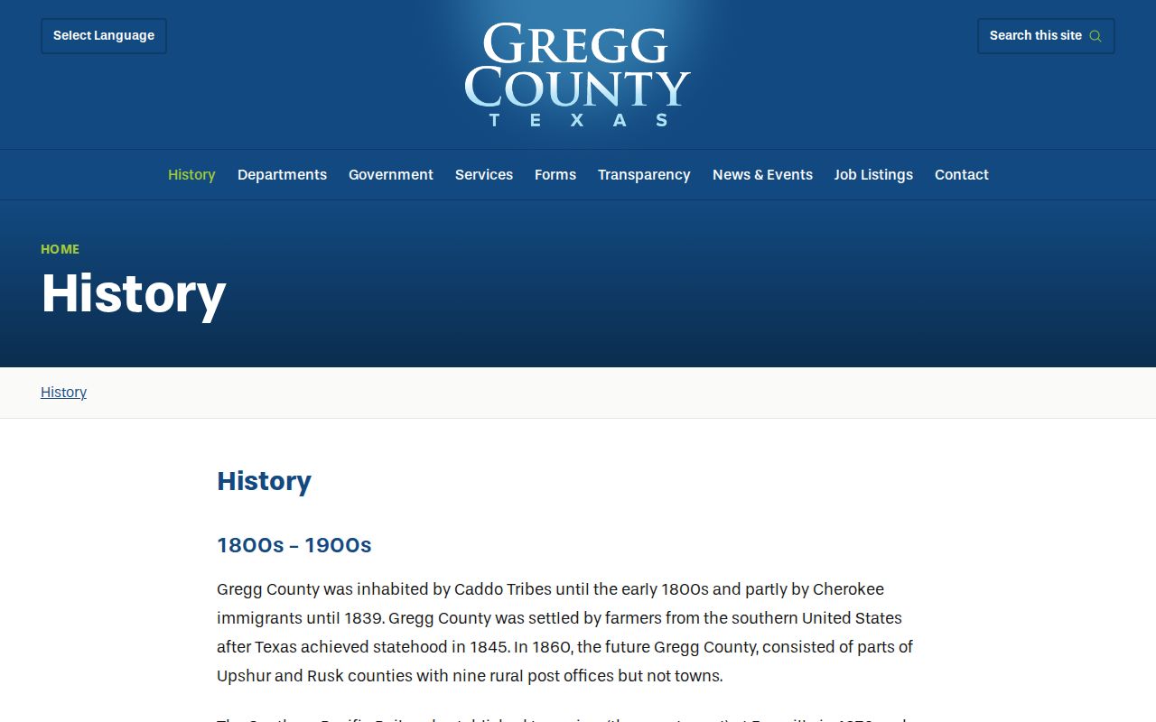 Gregg County history page with courthouse context